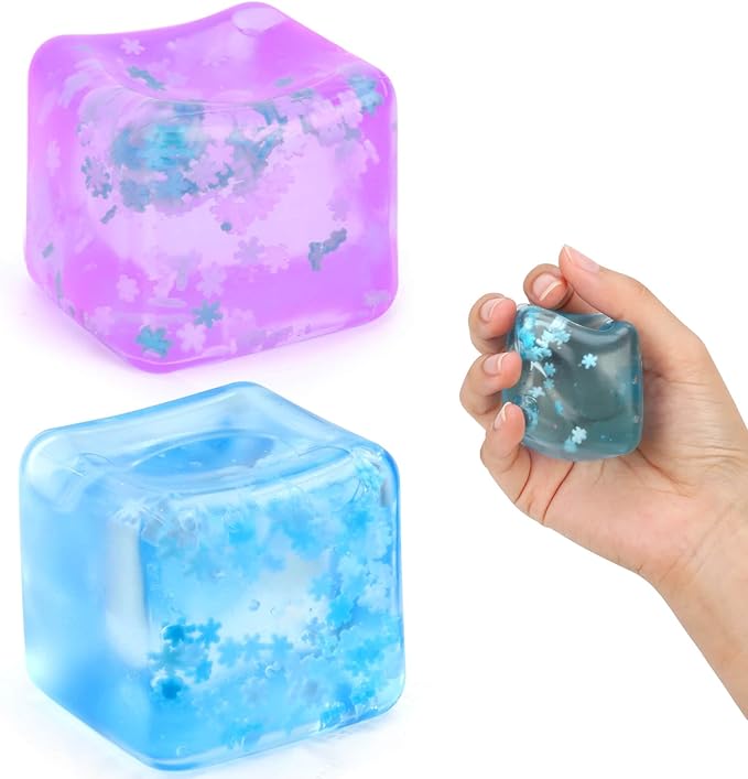 Fidget Toy for All Ages: 2 Pack Soft Sensory Fidget Ice Cube Stress Ball Squishy Cube Stress Relief Toys for Kids, Teens and Adults Party Favors, Birthday Gift for Kids Age 3+, Blue Purple