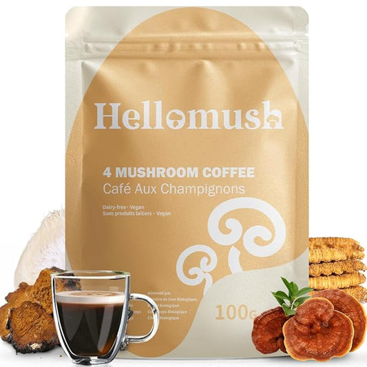 Hellomush Organic Instant Mushroom Coffee with Lions Mane, Reishi, Chaga and Cordyceps Coffee, Adaptogen Drink for Greater Energy, More Focus, Better Digestion, and Gut Support 28 Servings 3.52 oz