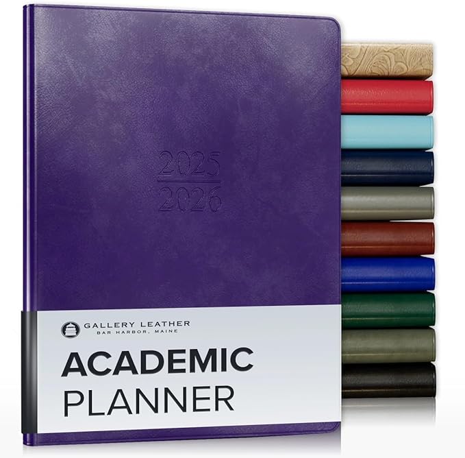 Gallery Leather Academic Planner 2025-2026, Teacher and Student Weekly Monthly Planner, Elegantly Bound Calendar with Gold-Gilded Page Edges, 18 Months - Acadia Plum - 9x7"
