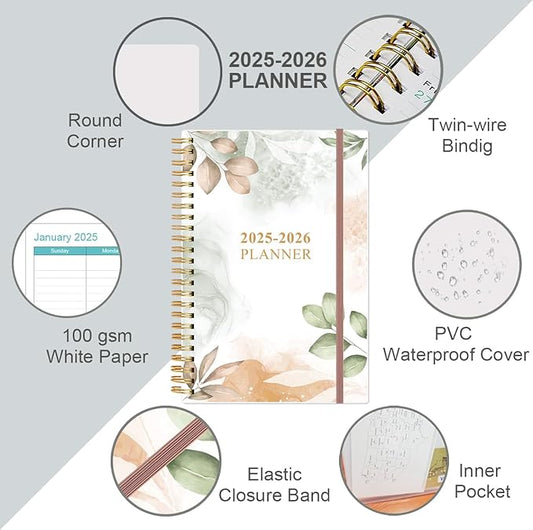 2025-2026 Planner - 18 Months Weekly & Monthly Planner from July 2025 - December 2026, Spiral Planner 2025-2026 with Elastic Closure, Inner Pocket, Medium 5.8" x 8.3", Rose Leaf