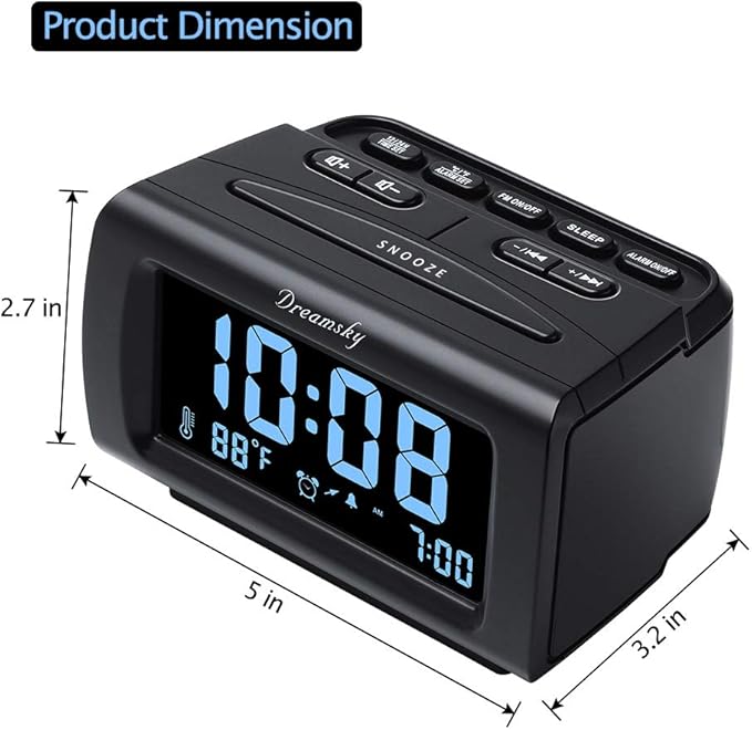 DreamSky Alarm Clock Radios for Bedrooms with Battery Backup, Large Big Numbers with Brightness Dimmer, USB Port, Bedside Digital FM Radio with Sleep Timer, Temperature, Adjustable Volume, Snooze