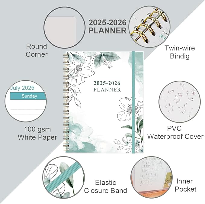2025-2026 Planner - 17 Months Weekly & Monthly Planner from August 2025 - December 2026, Academic Planner 2025-2026 with Elastic Closure, Inner Pocket, 8.5" x 11", Teal Floral