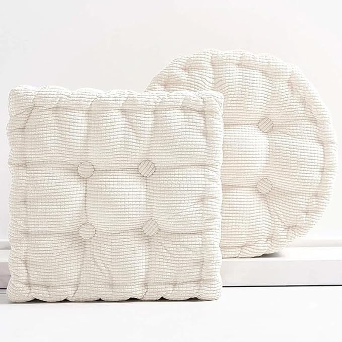 Meditation Floor Pillow Set of 2 Large Square and Round Floor Cushions for Adults White Corduroy Floor Seat Pillows Cushion for Living Room Balcony Tatami Yoga,18x18 Inch