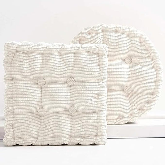 Meditation Floor Pillow Set of 2 Large Square and Round Floor Cushions for Adults White Corduroy Floor Seat Pillows Cushion for Living Room Balcony Tatami Yoga,18x18 Inch
