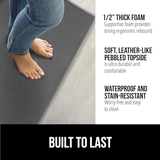 GORILLA GRIP 2 Pack Comfortable Cushioned Kitchen Mats for Floor, 17x24 + 17x48, Waterproof, Stain Resistant, 1/2 Inch Thick Soft Ergonomic Standing Desk Anti Fatigue Mat, Foam Supports Feet, Charcoal