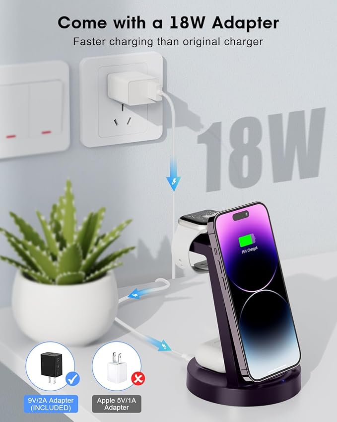 3 in 1 Charging Station for Apple Device, Wireless Charger for iPhone 16 15 14 13 12 11 Pro Max & Apple Watch iwatch- Charging Stand Dock for AirPods