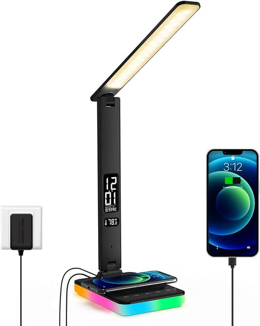 LED Desk Lamp with Wireless Charger, USB Charging Port, Reading Lamp Desk Light with 5 Brightness, 3 Colors, Table Lamp with Clock, Alarm, Date, Temperature, Desk Lamp for Home Office Study (Black)