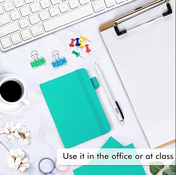 feela 3 Pack Pocket Small Notebook Journals, Mini Cute Memo Notepad Hardcover College Ruled Lined Journals with Pen Holder for Women Girls Office School, with 3 Black Pens, 3.5”x 5.5”, A6, Aqua