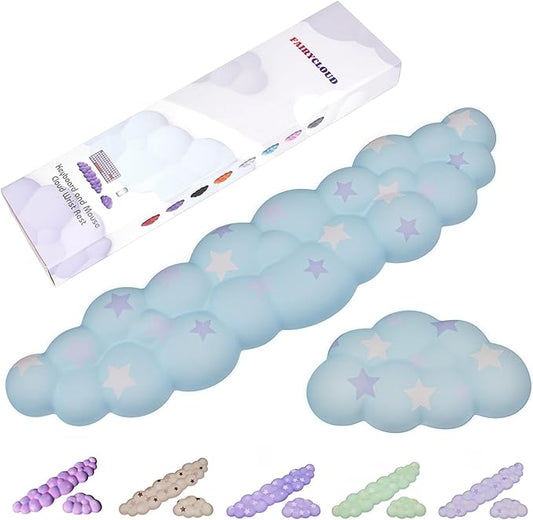Cloud Wrist Rest Set for Keyboard and Mouse, Includes Cute Coaster, with Computers and Laptops (Blue Colorful Star Set)