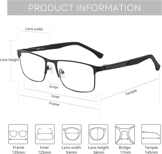 ZENOTTIC Reading Glasses Men: Blue Light Glasses Metal Square Frame - Computer Readers Nose Pads - Spring Hinge Eyeglasses