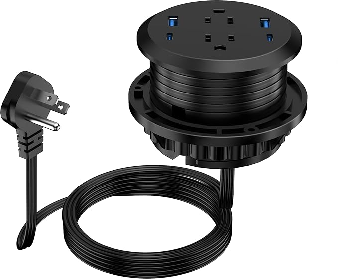 3 inch Desktop Power Grommet with PD 20W USB C,Furniture Recessed Power Strip,2 Outlets,4 USB Ports,40W Total,Flush-Mount for Desktop, Workspace Essential Desk Outlet (Black, 6 FT Cable)