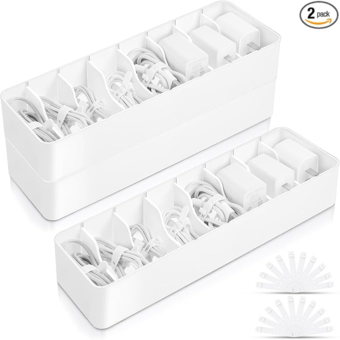 Tatuo 2 Pcs Cable Organizer with 20 Wire Ties, Plastic Cord Storage Charger Electronics Box with Adjustment Compartments for Drawer Home Office Desk Accessories (White)