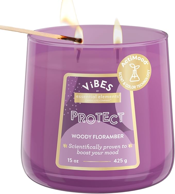Candle-Lite Vibes Woody Floramber Mood-Enhancing Scented Candles, 15 oz Jar, Aromatherapy, Proudly Poured in The USA, 2-Wick, 86 Hours Burn Time, Perfect Relaxation Gift