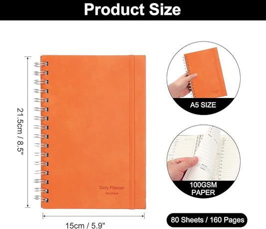 PATIKIL Undated Daily Planner with Hourly Schedule, A5 5.5"x 8.5" To-Do List Hard Cover Spiral Notebook Appointments Planner with Inner Pocket to Organize Daily Tasks Agendas, Orange