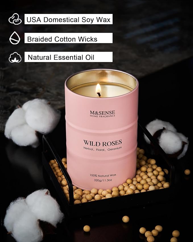 M&SENSE Wild Rose Natural Scented Candle, 70 Hours Long Lasting Soy Candles 11.3oz, Stress Relief Aromatherapy Candles for Women, Romantic Candle Gifts Valentines Day Gifts for Her
