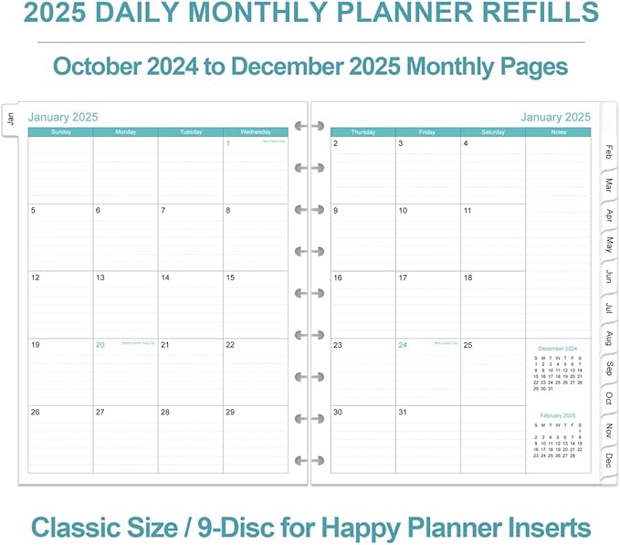 2025 Planner Refills for 9-Disc Disbound Pre-punched Happy Planners Inserts - One Page Per Day, January 2025 to December 2025, Prioritized, To-Do List, Appointment Schedule, 7" x 9.25"