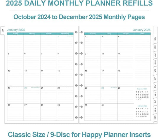 2025 Planner Refills for 9-Disc Disbound Pre-punched Happy Planners Inserts - One Page Per Day, January 2025 to December 2025, Prioritized, To-Do List, Appointment Schedule, 7" x 9.25"