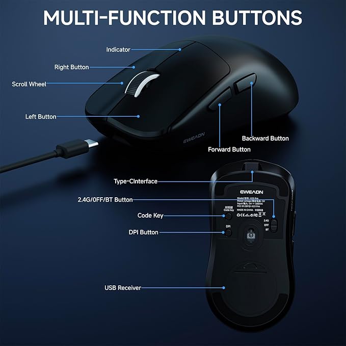 EWEADN X23Pro Wireless Gaming Mouse, 49g Lightweight Mouse, PAW3311 Sensor, 12000 DPI, 2.4G/BT5.0/USB-C Rechargeable Wireless Mouses with 6 Programmable Buttons for Laptop/PC/Mac, Black