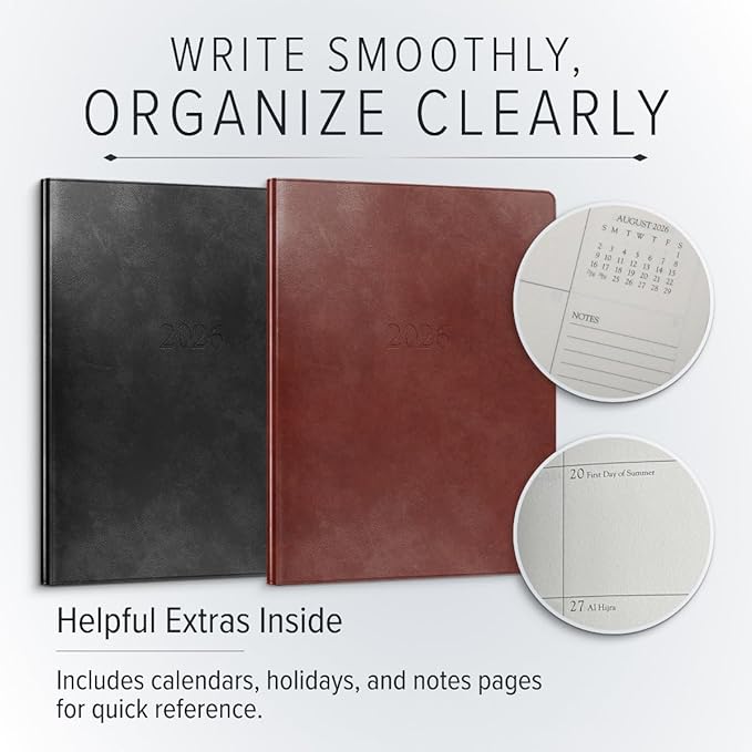 Gallery Leather Large Weekly Monthly Planner 2025-2026, Elegantly Bound Calendar Planner and Notebook with Stylish Gold-Gilded Page Edges, 12 Months - Acadia Navy - US Navy - 9.75 x 7.5 "