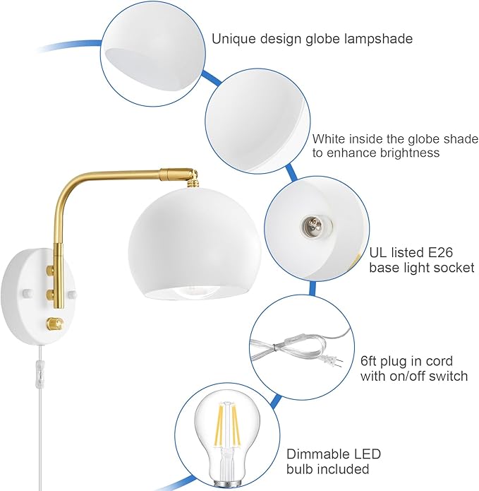 Wall Sconces Plug in, Dimmable Wall Sconce Swing Arm Wall Lights with Plug in Cord and Dimmer On/Off Knob Switch, White Globe Wall Light for Bedside Bedroom Hallway(2 Bulbs Included)