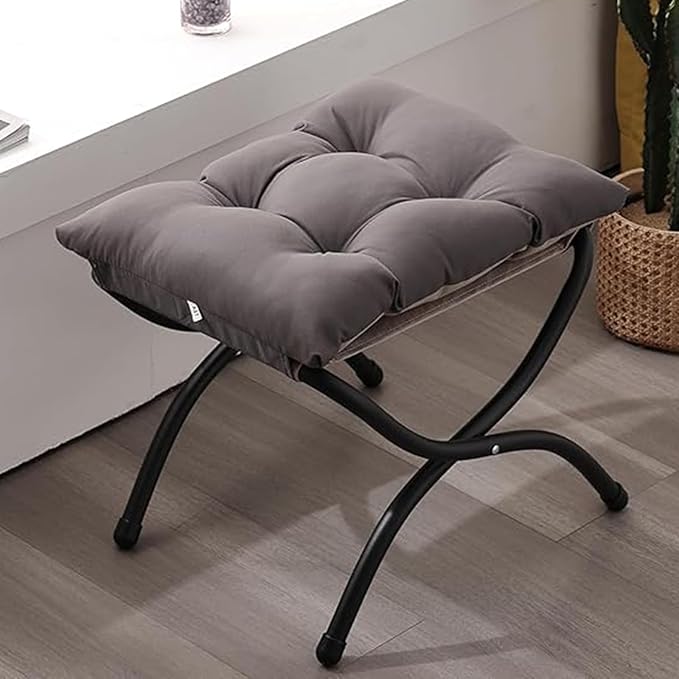 Welnow Folding Foot Stool, Upholstered Small Accent Ottoman with Detachable Thick Cotton Cushion Padded Sofa Stool and Metal Frame for Lazy Chair, Living Room, Bedroom, Dark Grey