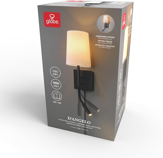 Globe Electric 1-Light Plug-in or Hardwired Wall Sconce with Reading Light, USB-A Port, USB-C Port, LED Integrated Reading Light, Matte Black, White Fabric Shade, On-Off Pull Chain and Rocker Switch