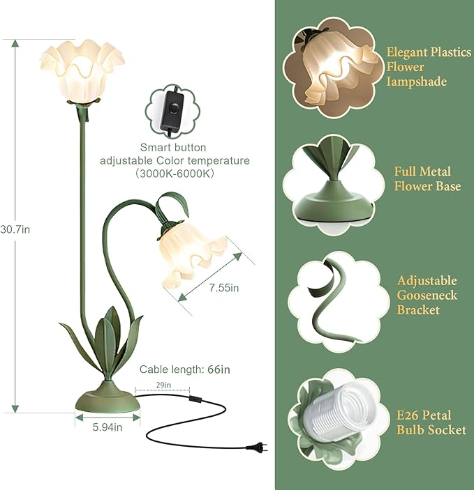Cute Flower Table Lamp, Large Vintage Bedside Flower Lamp, 3 Colors Temperature Flower Lamp for Bedroom Living Room Bedside Reading Lighting Table Desk Lamps Home Decoration (Green)
