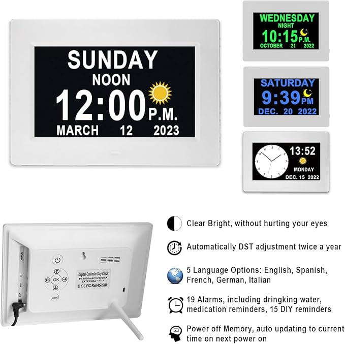 MASSII 【2025 New】 19 Alarms Digital Clock with Loud Voice Talking Time, Auto DST, 20 Custom Reminders, 10-Level Dimmer, Sleep Trainer, Day Date Calendar Clock for Seniors Dementia- 7 Inch with Remote