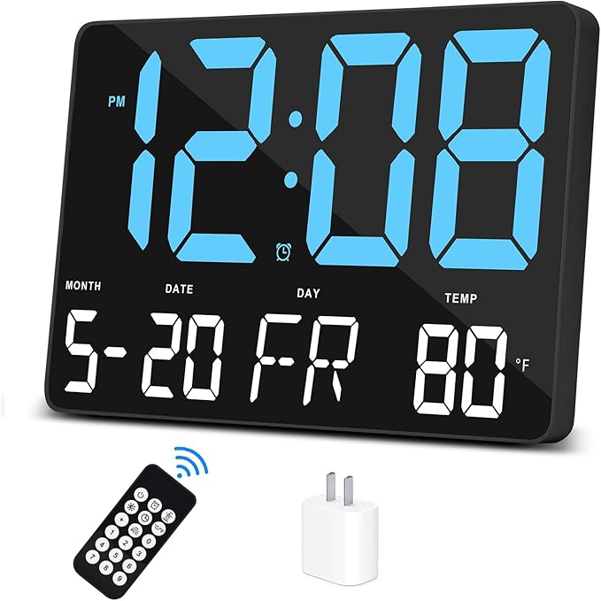 Amgico Digital Alarm Clock with Snooze, Temperature, Auto Dimming, 11.5" Large Display Calendar, Desk/Wall Clock for Bedroom, Living Room, Office, Home, Classroom, Kids, Elderly - Blue