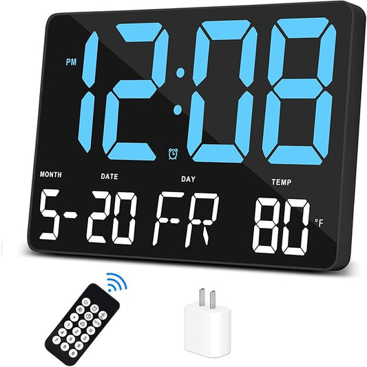 Amgico Digital Alarm Clock with Snooze, Temperature, Auto Dimming, 11.5" Large Display Calendar, Desk/Wall Clock for Bedroom, Living Room, Office, Home, Classroom, Kids, Elderly - Blue