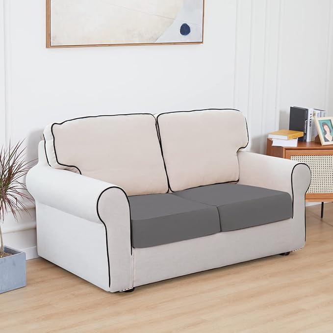 Easy-Going 100% Waterproof Chair Sofa Seat Cushion Slipcovers Couch Cushion Cover Stretch Furniture Protector for Kids, Pets (2-Piece Loveseat Cushion, Light Gray)