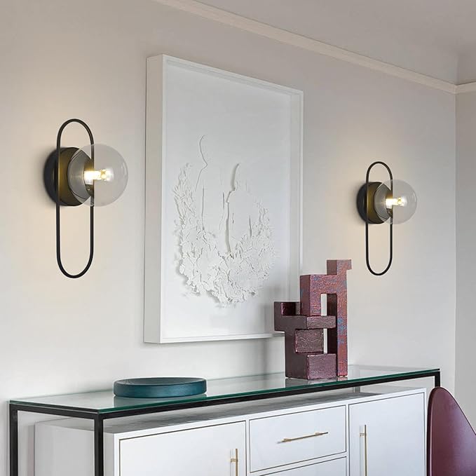Mid Century Globe Wall Sconce Modern Indoor Sconces Wall Lighting Black Bathroom Sconces Set of 2 Bubble Glass Vanity Light Vintage Bedroom Wall Sconces (2 Pack)