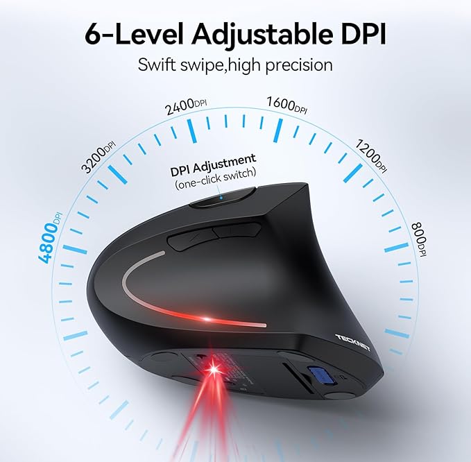 TECKNET Ergonomic Mouse, Wireless Bluetooth Vertical Mouse, 4800 DPI Optical Tracking, 6 Adjustable DPI, Quiet Clicks, 2.4GHz with USB A Receiver, 12 Months Battery, 6 Buttons, Wide Compatibility