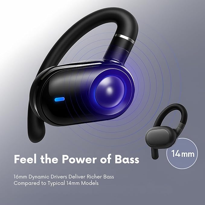 Open Ear Earbuds, Open Ear Headphones with 16mm Speakers, Bluetooth 5.4 Wireless, Biaxial Rotation, Lightweight, 20H Playtime, Over Ear Bluetooth Headphones for Running, Workout, IPX5 Waterproof