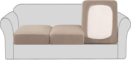 H.VERSAILTEX High Stretch Individual Seat Cushion Covers 3 Pack Thick Jacquard Textured Twill Fabric Sofa Slipcovers for 3 Couch Cushion Washable Couch Cover for Living Room Outdoor Patio,Sand