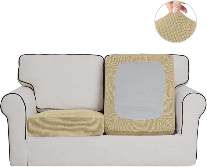 Easy-Going Stretch Individual Loveseat Couch Cushion Cover Sofa Cushion Furniture Protector Sofa slipcover Soft Flexibility with Elastic Bottom (2-Piece Loveseat Cushion Cover, Beige)