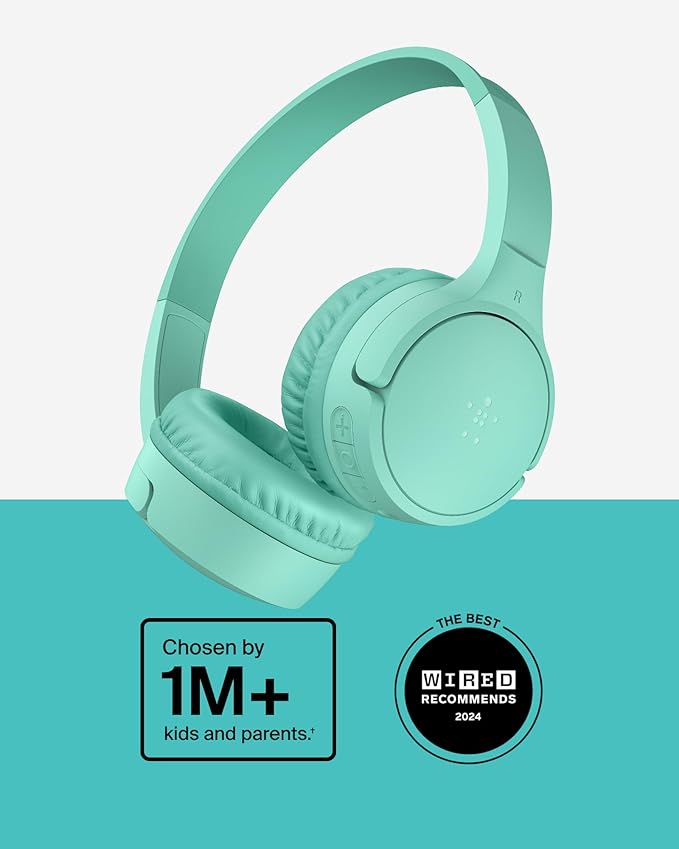 Belkin SoundForm Mini - Wireless Bluetooth Headphones for Kids with 30H Battery Life, 85dB Safe Volume Limit, Built-in Microphone - Kids On-Ear Earphones for iPhone, iPad, Fire Tablet & More - Mint