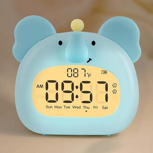 Elephant Alarm Clock with Night Light for Kids – Cute Digital Sleep Trainer with LED Display, 3 Alarms, Countdown Timer, Adjustable Brightness – Rechargeable Bedside Clock for Boys and Girls