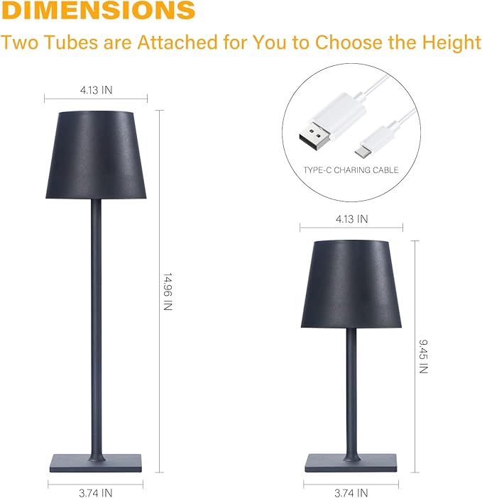 Cordless Table Lamps, 3 Colors Stepless Dimming, 5000mAh Rechargeable Battery LED Desk Lamp for Bedroom/Couple Dinner/Desk/Cafe/Dining Room/Terrace (Black)