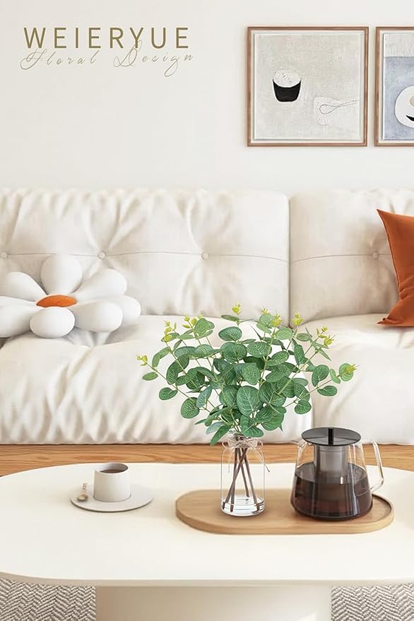 Artificial Eucalyptus Stems in Glass Vase with Faux Water,Artificial Plants Eucalyptus Leaves for Shelf Desk Bathroom Farmhouse Room Coffee Table Home Decor, Central Decoration.