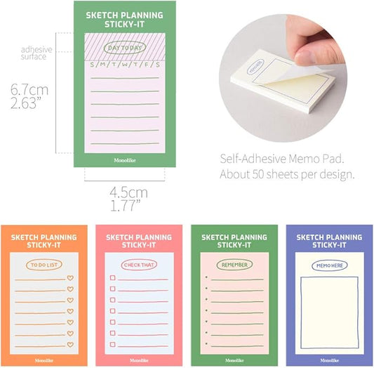 Monolike Sketch Planning Sticky-it - 5p Set Self-Adhesive Memo Pad 50 Sheets