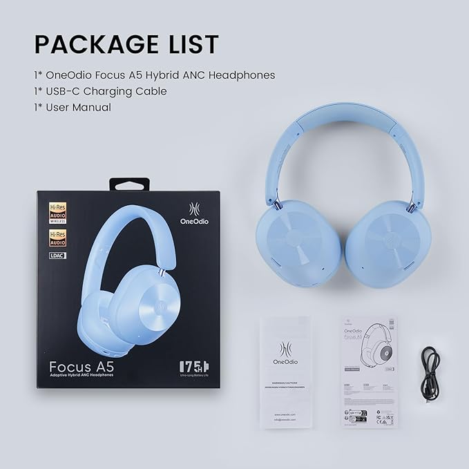 OneOdio Focus A5 Wireless Over-Ear Headphones, Hybrid Active Noise Cancelling, 75H Playtime, Hi-Res LDAC Wireless Audio, Bluetooth 5.4, Built-in Mic for Clear Calls, Low Latency Game Mode