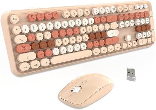 FOPETT Keyboard and Mouse Sets Wireless,Reliable 2.4 GHz Connectivity for PC,Laptop,Smart TV and More (Milk Tea Color)