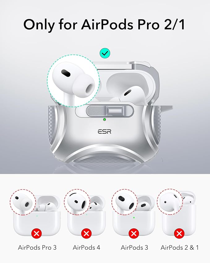 ESR for AirPods Pro 2 Case (2023/2022/2019, 2nd/1st Gen), Compatible with AirPods Pro 2nd Generation (USB-C/Lightning Cable), Effortless MagSafe, Drop-Proof Lock, Easy Open, Cyber Series,Silver Grey