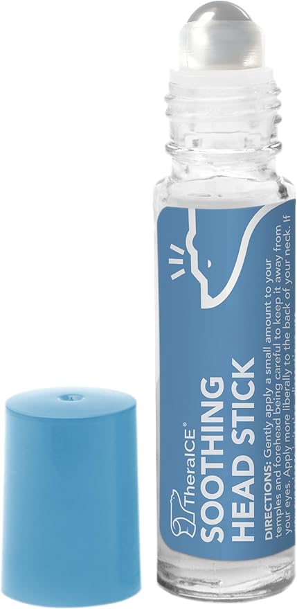 TheraICE Soothing Head Stick 10 ml (.33-Oz) Essential Oil Roll on Aromatherapy: Peppermint, Spearmint, Lavender, Chamomile, Rosemary, Eucalyptus. Metal Roller. USA Made