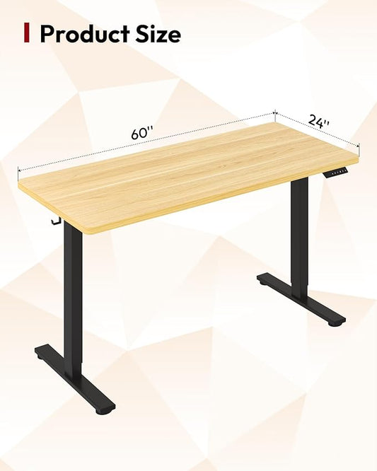 SANODESK Electric Standing Desk 60 x 24 Inches Whole-Piece Desktop Height Adjustable Stand Up Desk w/6-Button Controller Ergonomic Computer Desk for Home Office, Black Frame + Natural Tabletop