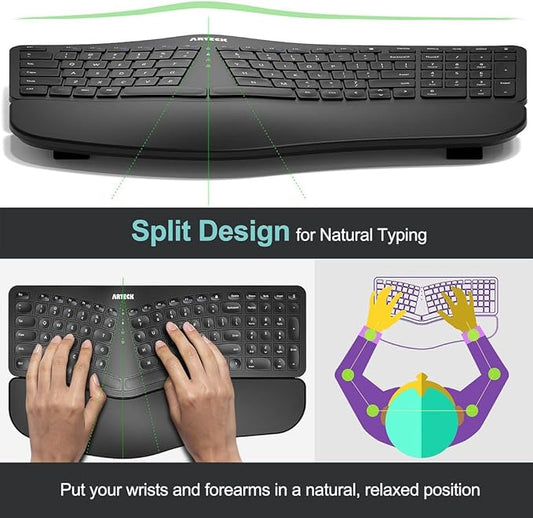 Arteck Split Ergonomic Keyboard with Cushioned Wrist and Palm Rest, 2.4G USB Wireless Comfortable Natural Ergonomic Split Keyboard, for Windows Computer Desktop Laptop