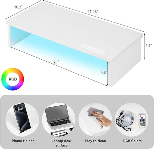 21" Monitor Stand Riser with LED Lights and Phone Holder, Monitor Stand for Desk, Computer Monitor Stand, Desk Shelf for Top of Desk, Desktop Organizer for Laptop, Printer, TV