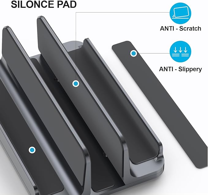 3 Slots Aluminum Vertical Laptop Stand for Desk - Adjustable Width Dock for MacBook, Surface, Samsung, HP, Dell up to 17.3 inches - Space-Saving & Protective Design - Gray