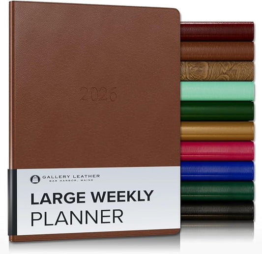 Gallery Leather Large Weekly Monthly Planner 2025-2026, Elegantly Bound Calendar Planner and Notebook with Stylish Gold-Gilded Page Edges, 12 Months - Monhegan Saddle - 9.75 x 7.5 "